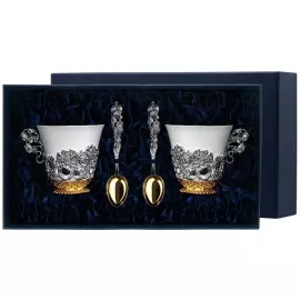 Серебряный чайный набор "Натюрморт": ложка, чашка с позолотой и чернением, на 2 персоны