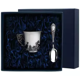 Кофейная чашка из серебра "Зайцы" с ложкой