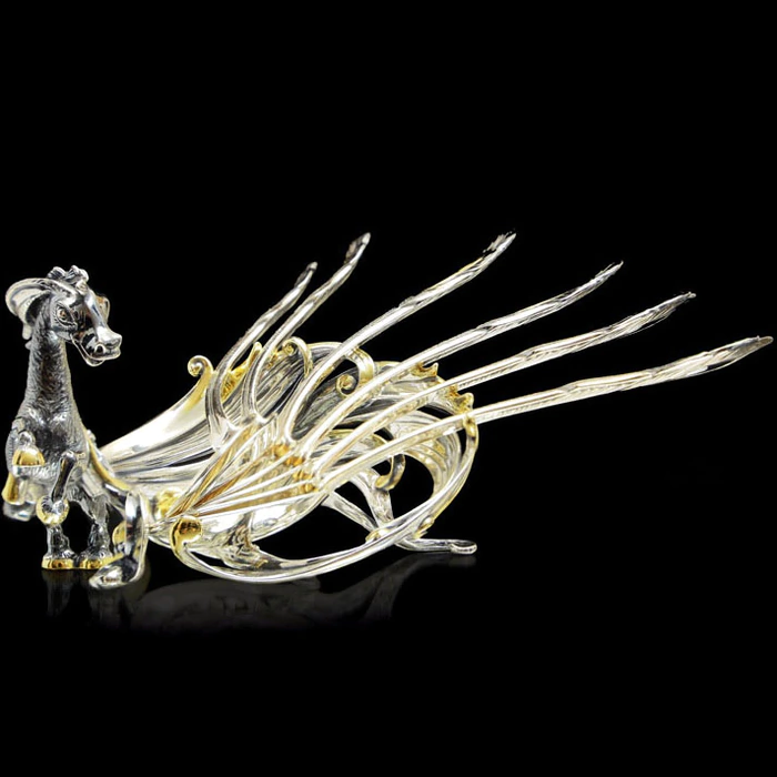 Set of 6 silver teaspoons with a "Humpbacked Horse" stand