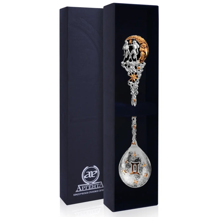 Серебряная чайная ложка "Зодиак - Близнец" с позолотой