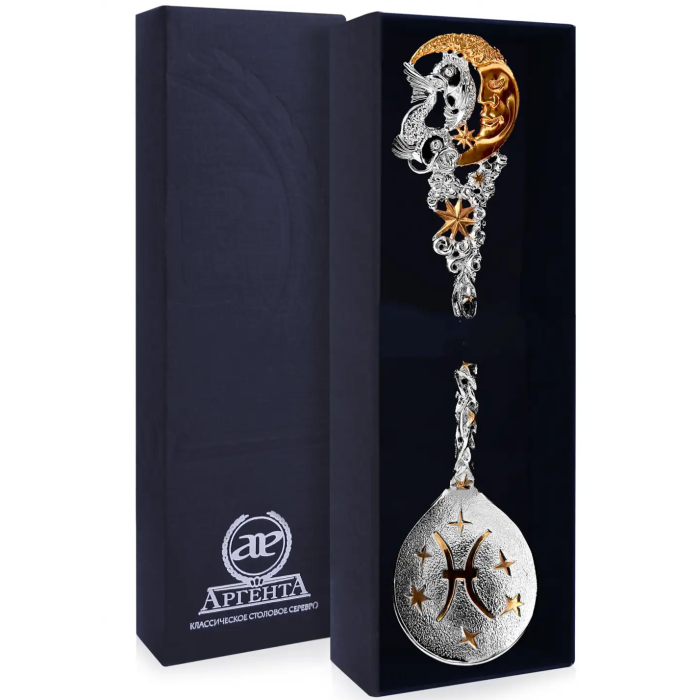 Серебряная чайная ложка "Зодиак - Рыба" с позолотой