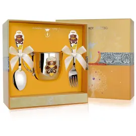 Набор детский серебряный КД "Мишка": вилка, кружка, ложка с позолотой и с эмалью