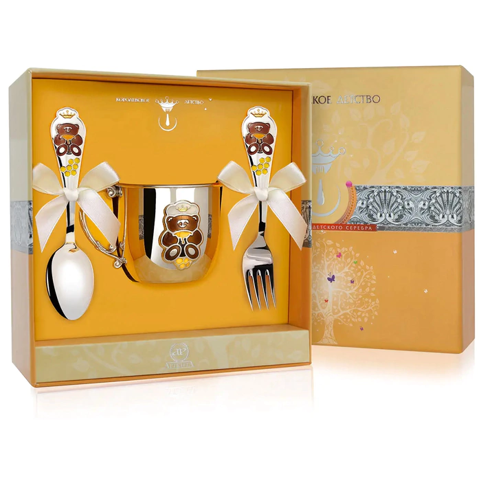 Set of children's silver CD "Mishka": fork, mug, spoon with gilding and enamel