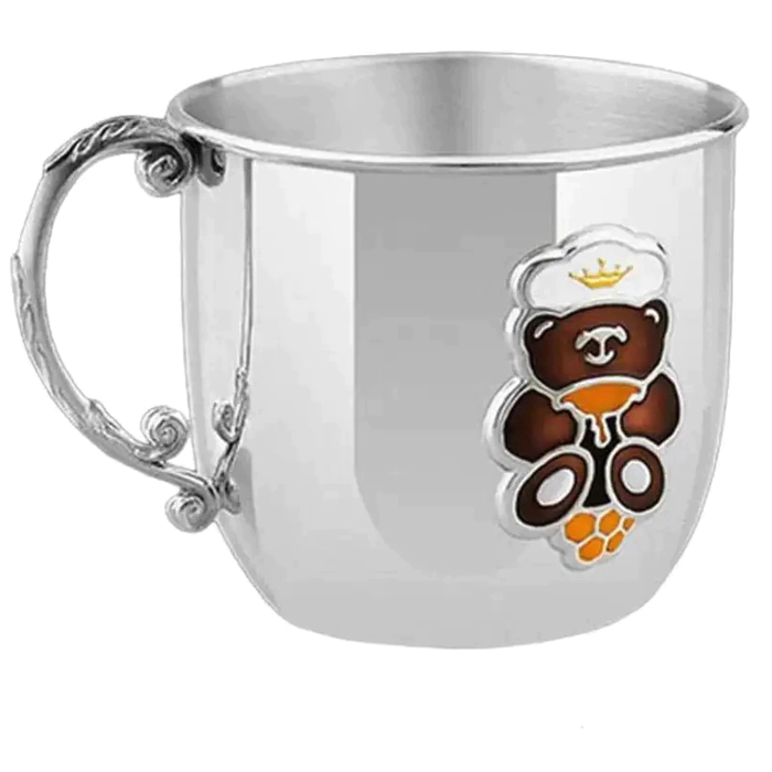 Set of children's silver CD "Mishka": fork, mug, spoon with gilding and enamel