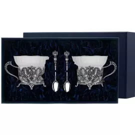 Set of silver tea cups "Coat of Arms": spoon, cup, for 2 persons