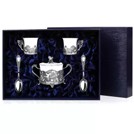 Silver coffee set "Capercaillie edge": spoon, cup, sugar bowl, for 2 persons