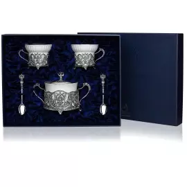 Чайный набор "Герб РФ" с чернением, на 2 персоны