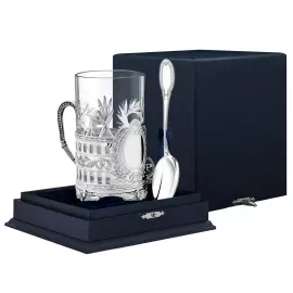 Серебряный набор для чая "Хозяин": ложка, стакан, подстаканник