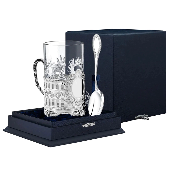 Silver tea set "Host": spoon, glass, cup holder