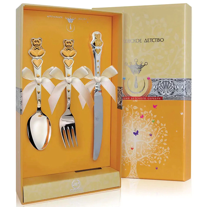 Silver children's cutlery set CD "Teddy bear with hearts": fork, spoon, knife with gilding