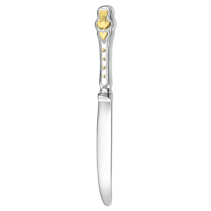 Silver children's cutlery set CD "Teddy bear with hearts": fork, spoon, knife with gilding