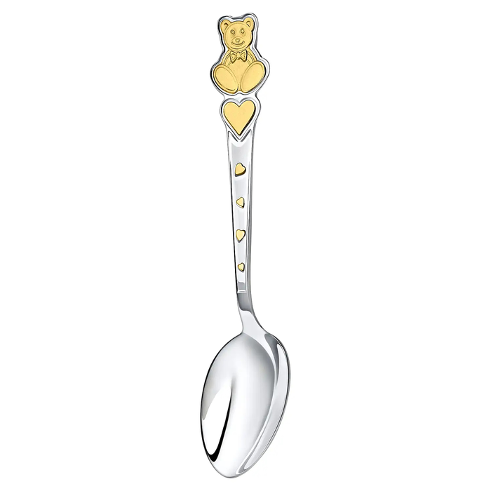 Silver children's cutlery set CD "Teddy bear with hearts": fork, spoon, knife with gilding