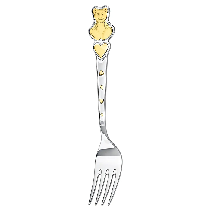 Silver children's cutlery set CD "Teddy bear with hearts": fork, spoon, knife with gilding
