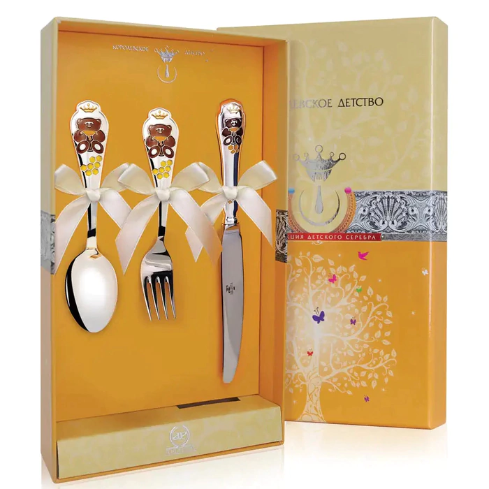 Set of children's silver cutlery CD "Mishka": fork, spoon, knife with gilt and enamel