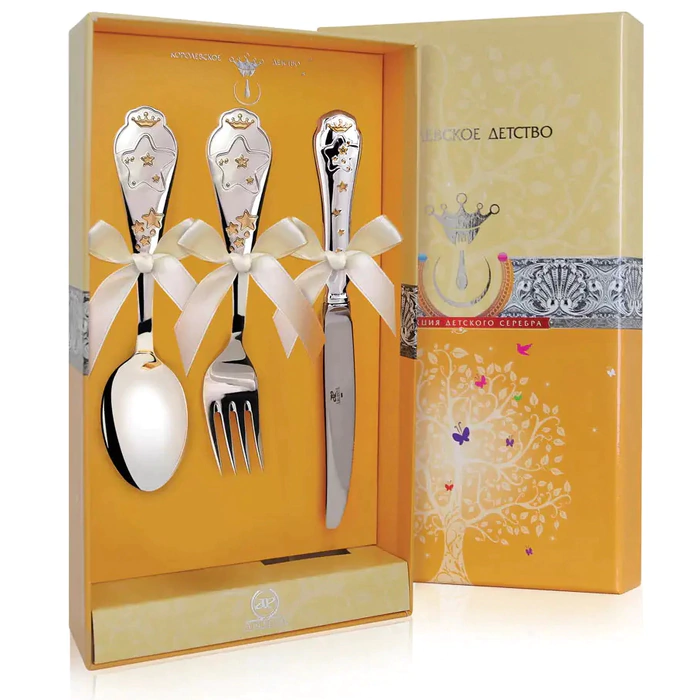 A set of children's silver cutlery CD "Zvezda": fork, spoon, knife with gilding