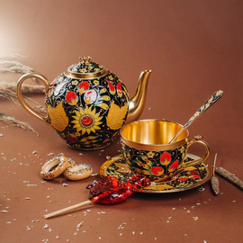 Silver tea set "Khokhloma" for 2 persons
