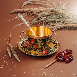 Silver tea set "Khokhloma" for 2 persons