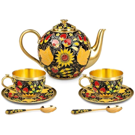 Silver tea set "Khokhloma" for 2 persons