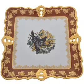 Фарфоровое блюдо на ножке "Queen's Crown. Охота красная" квадратное