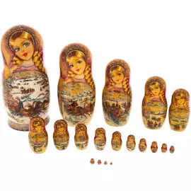 Матрешка на 20 мест "Зимняя тройка. Бордовый платок" 35 см