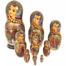 Матрешка  на 10 мест "Зимние гуляния. Бордовый платок" 33 см
