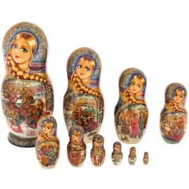 Матрешка  на 10 мест "Зимние гуляния. Бордовый платок" 33 см