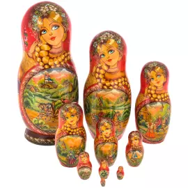 Матрешка на 10 мест "Летняя тройка. Красный платок" 33.5 см