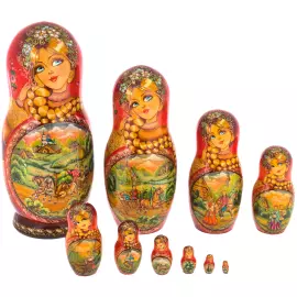 Матрешка на 10 мест "Летняя тройка. Красный платок" 33.5 см