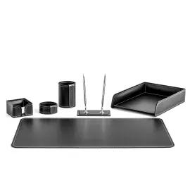 Настольный набор "Business Cuoietto" черный с белой нитью, 6 предметов