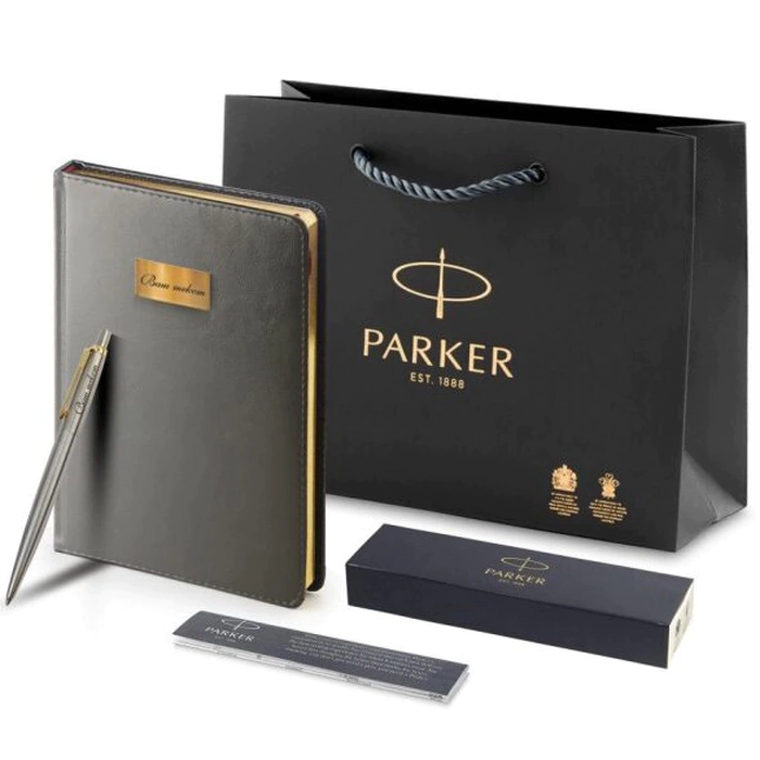 Engraved set: grey diary and ballpoint pen "Jotter Essential" St. Steel GT M