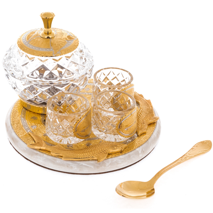 Caviar bowl with glasses "Bohemia" on a stone, Zlatoust