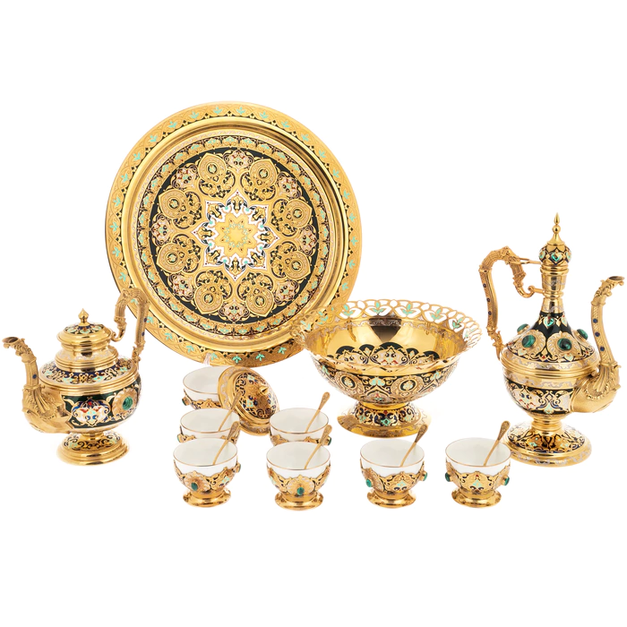 Oriental set for 6 persons (malachite, enamel)