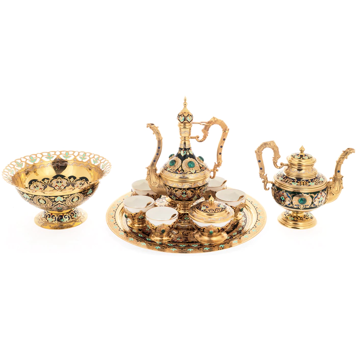 Oriental set for 6 persons (malachite, enamel)