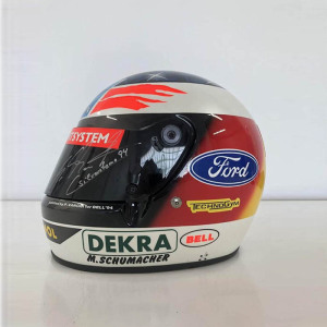 Helmet with autographs of riders Michael Schumacher and Willy Weber, white marble