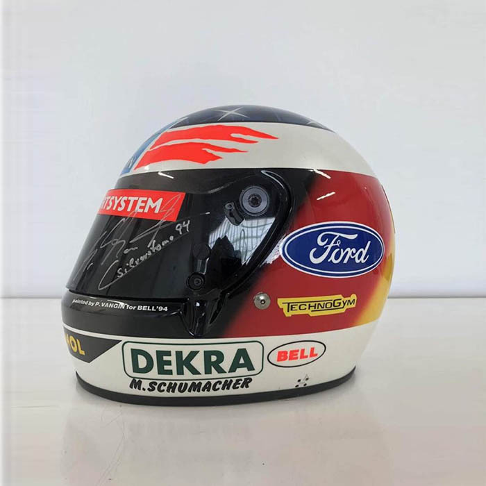 Helmet with autographs of riders Michael Schumacher and Willy Weber, white marble