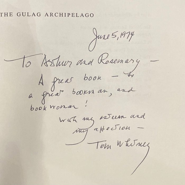 A book with a handwritten wish and autograph by journalist and writer Thomas Porter Whitney