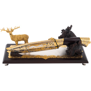 Damascus steel knife on the stand "Deer" Zlatoust