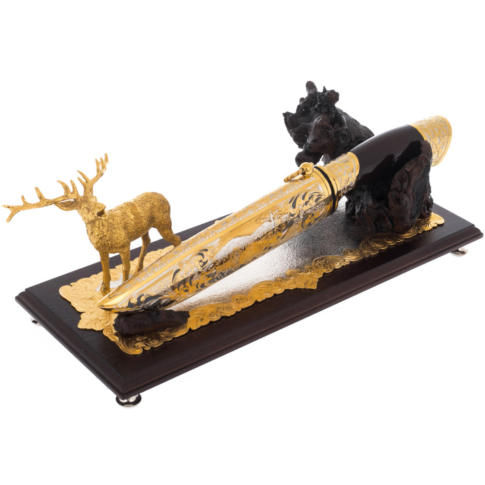 Damascus steel knife on the stand "Deer" Zlatoust
