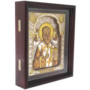 Икона из березы "Николай Чудотворец" в киоте