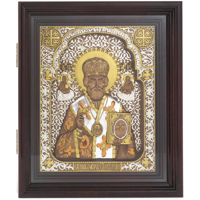 Икона из березы "Николай Чудотворец" в киоте