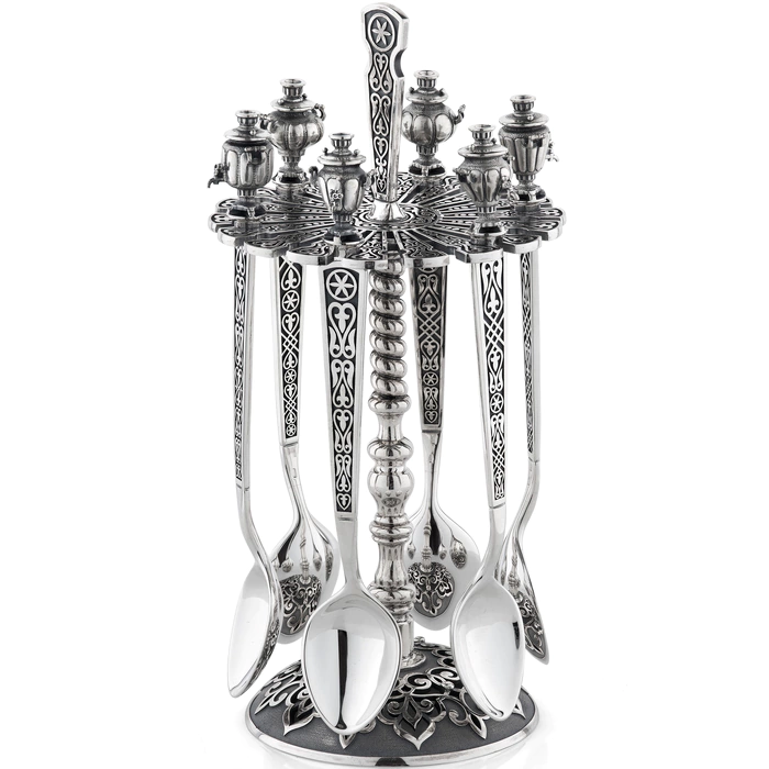 A set of silver spoons "Parade of samovars" on a stand