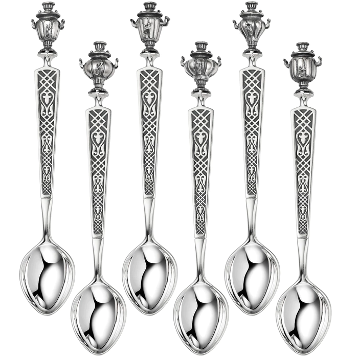A set of silver spoons "Parade of samovars" on a stand