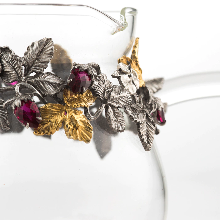 Glass turk with silver frame and inserts of corundum rubies "Strawberry"