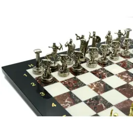 Подарочные шахматы из креноида, змеевика и мрамора "Подвиги Геракла"