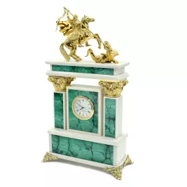 Часы каминные из малахита и мрамора "Георгий Победоносец"