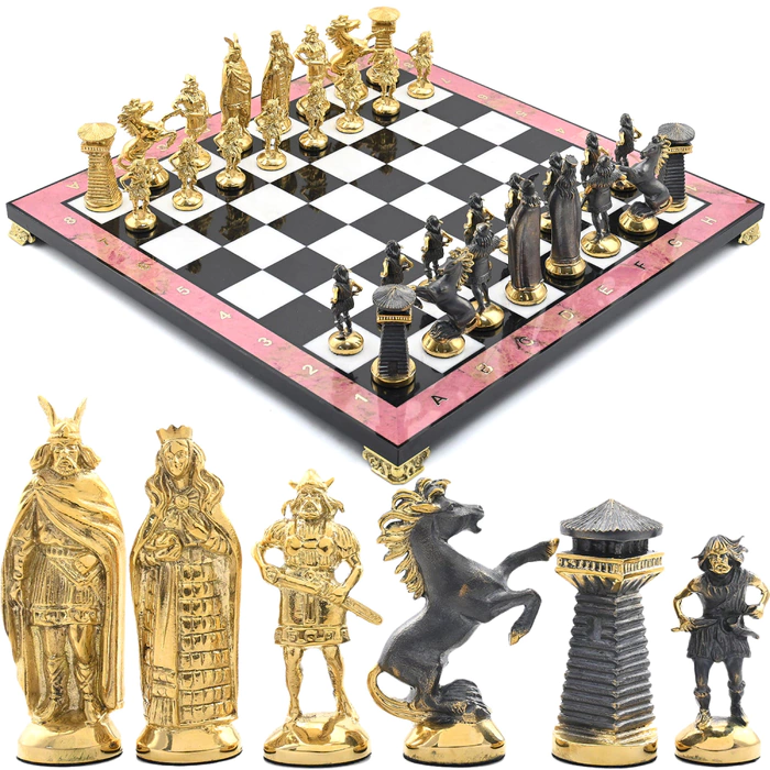 Gift chess made of rhodonite and dolerite "Vikings"