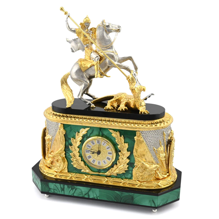 Mantel clock made of malachite and dolerite "George the Victorious"