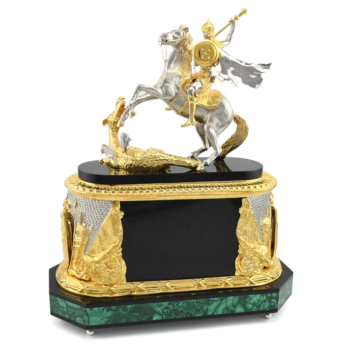 Mantel clock made of malachite and dolerite "George the Victorious"