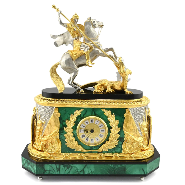Mantel clock made of malachite and dolerite "George the Victorious"