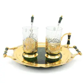 Чайный сервиз из нефрита и латуни с гравюрой, на 2 персоны